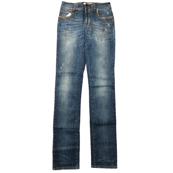 John Galliano Distressed Blue Jeans Embellished Bronze Studded Snow Flakes Sz 26